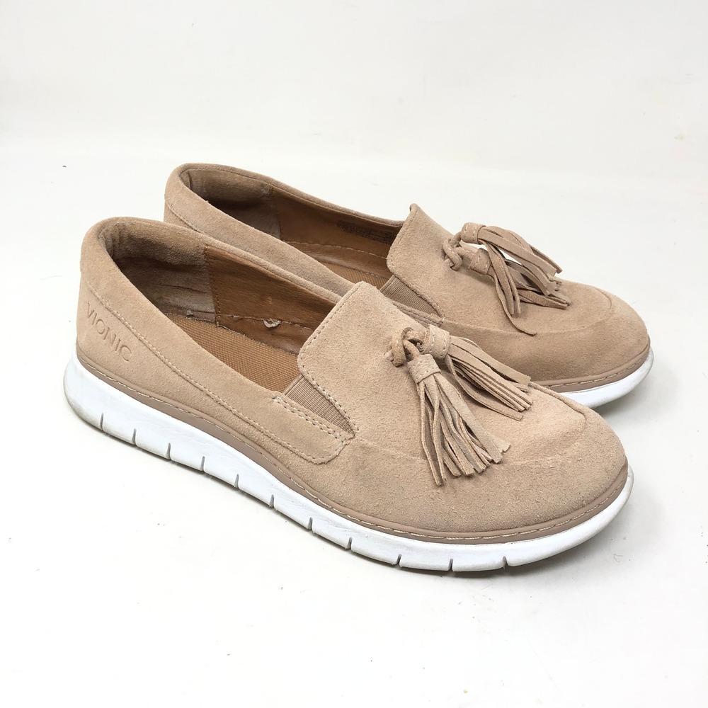 Vionic Womens 7.5 Quinn Tassel Loafers Tan Suede Slip On Comfort Shoe